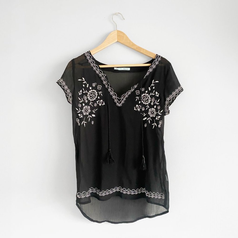Maurice's Semi-Sheer Floral Hand-Embroidered flowy blouse